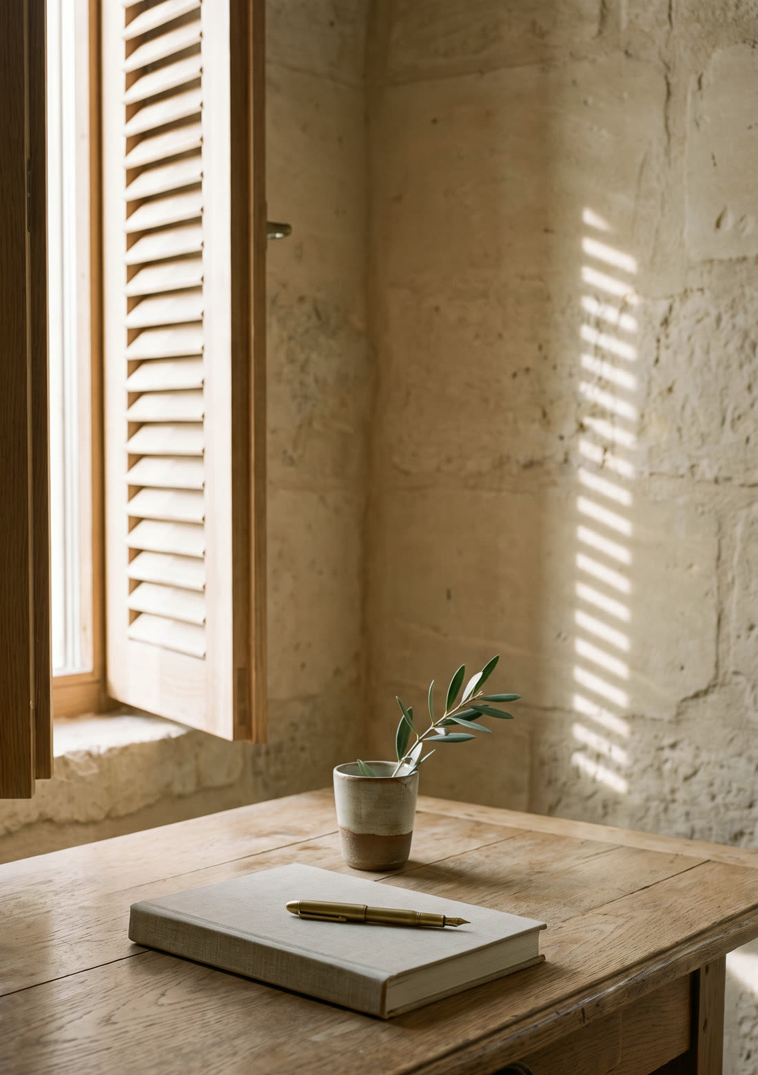 A limestone study with half-open oak shutters casting stripes of light, a linen-bound ledger, a brass pen and a sprig of olive on a desk.